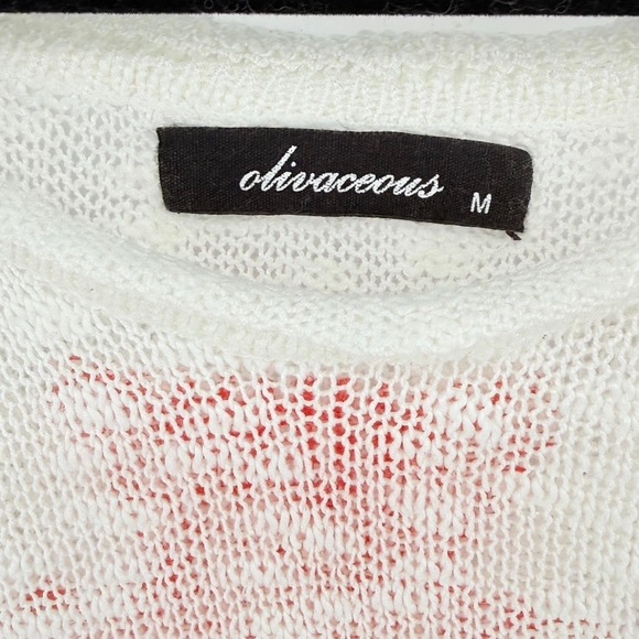 Womens Red Star Cropped Oversized Open Knit Slouchy Sweater Sheer White sz M y2k - Picture 5 of 8